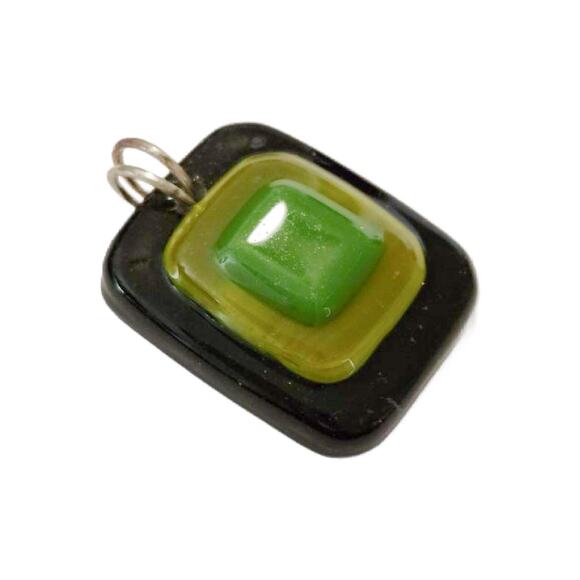 Vintage Black and Green Fused Glass Pendant, 1.25" Long - Picture 8 of 11